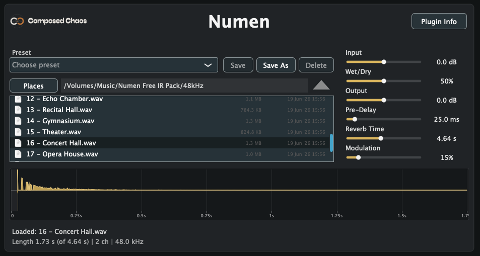 Numen plugin window with an impulse response loaded
