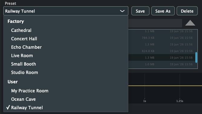 Numen preset menu with factory and user spaces