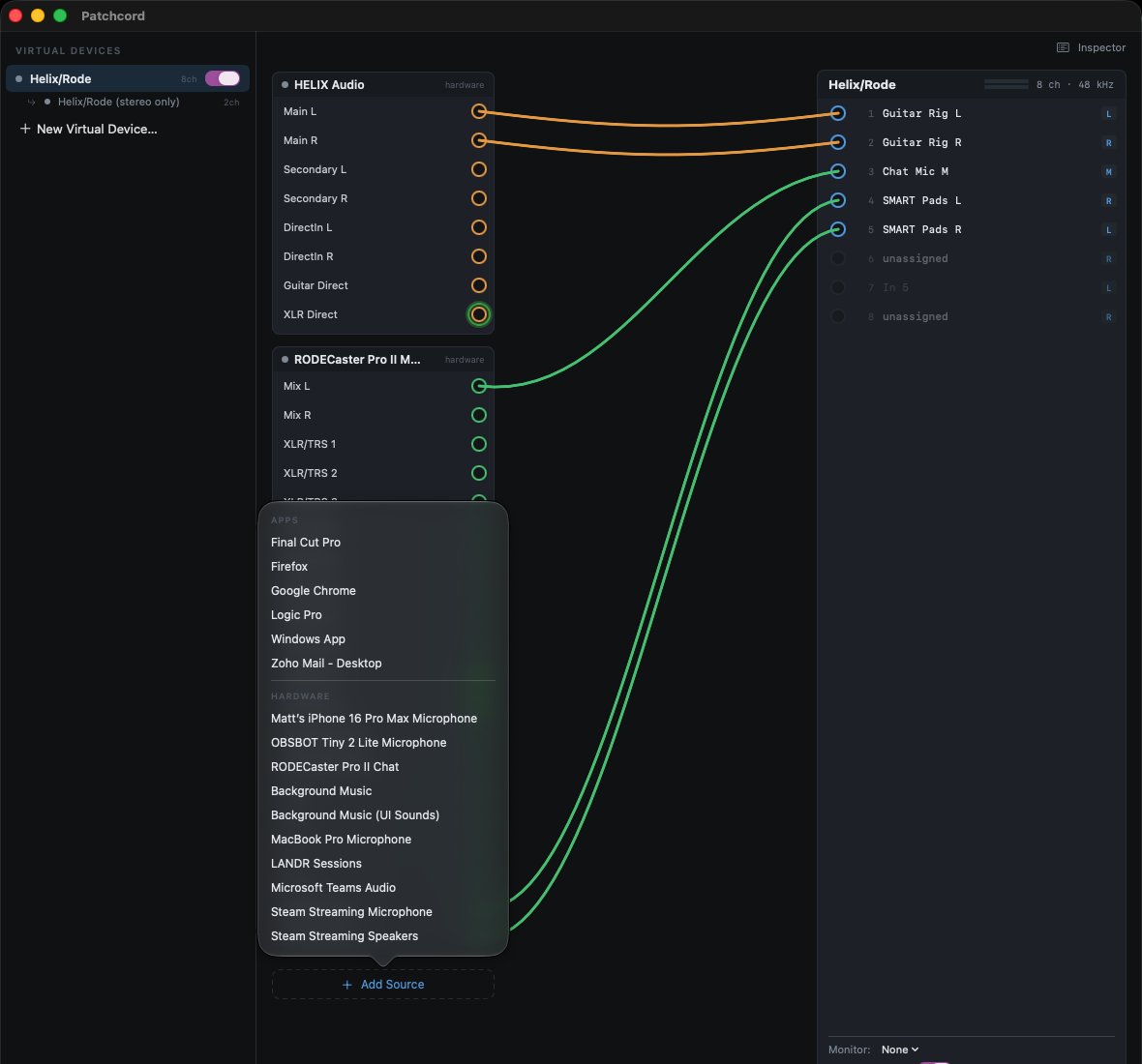 The Add Source popover listing running apps and hardware inputs