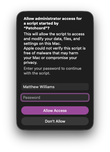 The macOS administrator prompt shown during driver installation