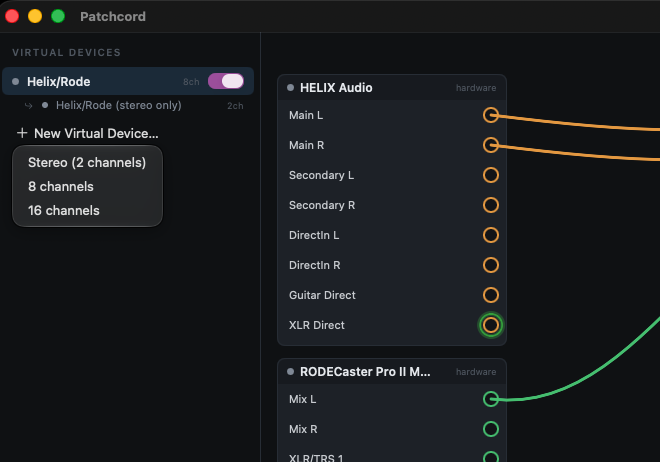 The New Virtual Device menu offering stereo, 8-channel, and 16-channel layouts