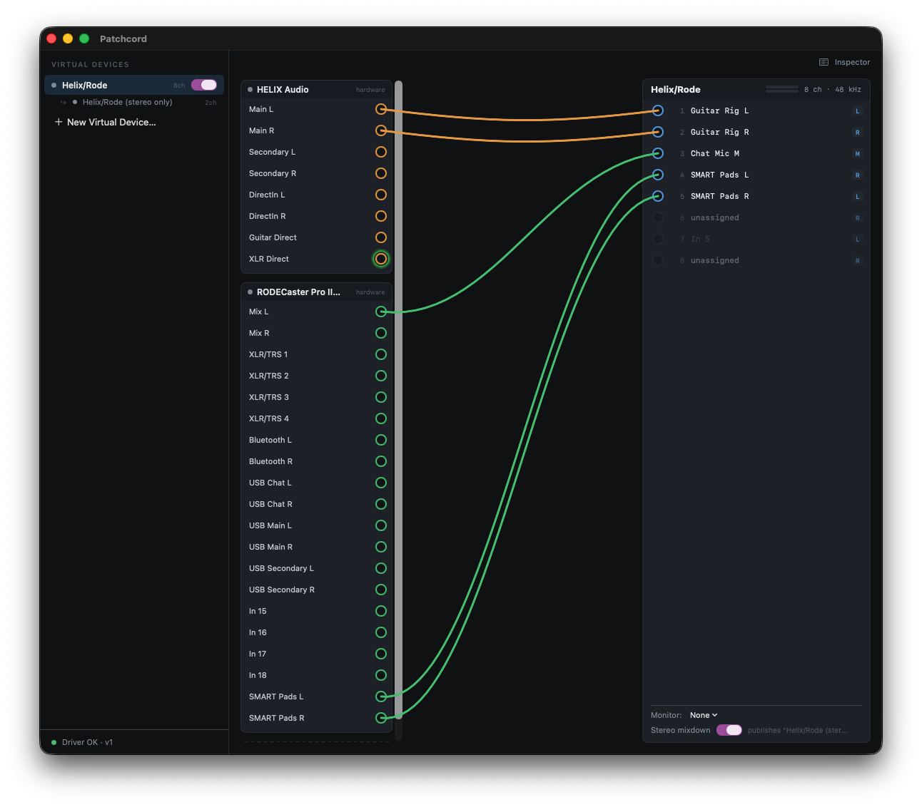 The Patchbay Console with two hardware sources wired into an 8-channel virtual device