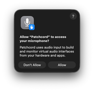 macOS microphone permission prompt for Patchcord