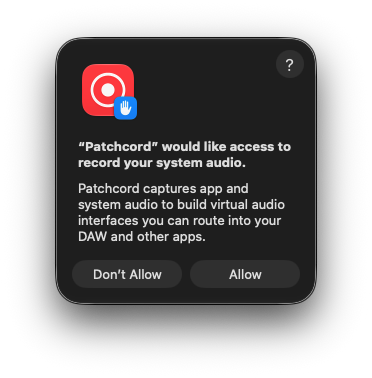 macOS system audio recording permission prompt for Patchcord