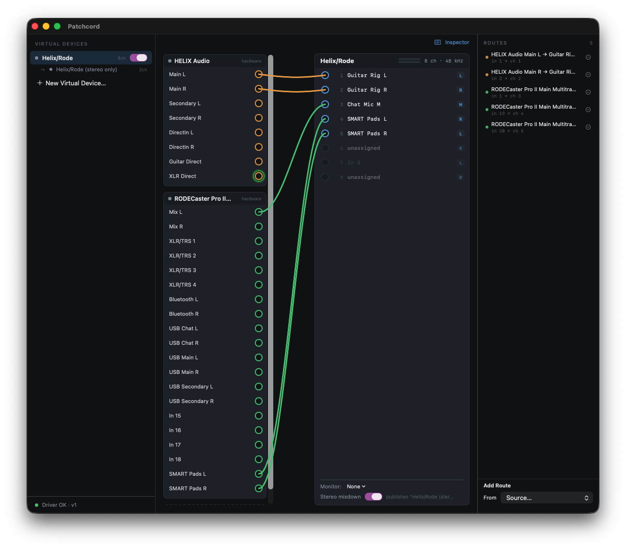The Route Inspector open beside the canvas, listing routes with the Add Route form below