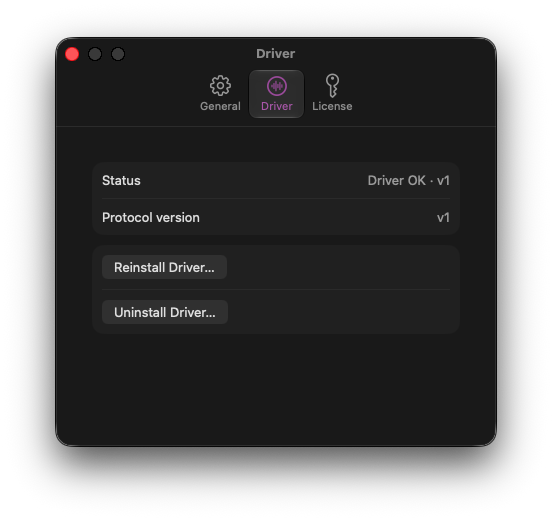 Settings Driver tab showing Driver OK status