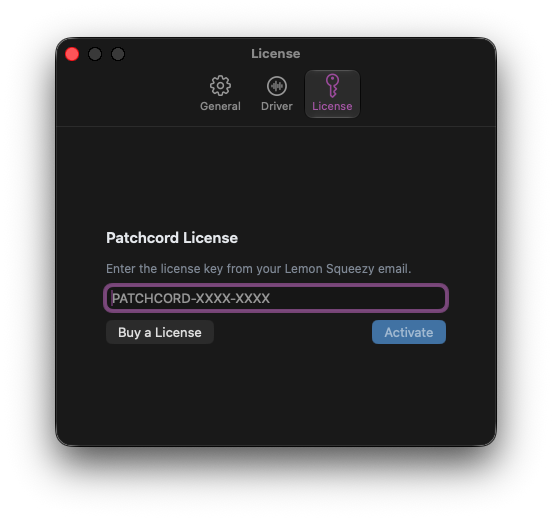 Settings License tab with the key entry field and Activate button