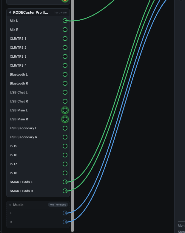 A hardware source panel at full presence above an app source panel marked NOT RUNNING